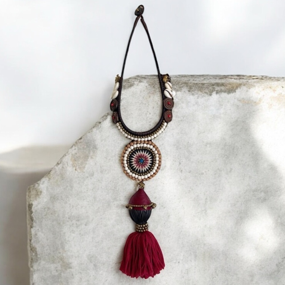 Boho statement necklace large collar tassel beaded elephant shells wrap mandala